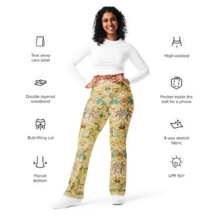 Recycled Flared Leggings with Pockets Featuring Elegant Chinese Flower Patterns on an Exquisite Yellow Background