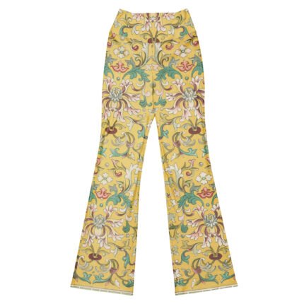 Recycled Flared Leggings with Pockets Featuring Elegant Chinese Flower Patterns on an Exquisite Yellow Background