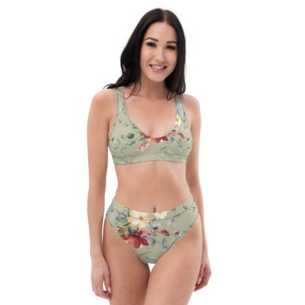 Recycled High-Waisted Bikini with Beautiful Red Flower Design on a Bright Green Background