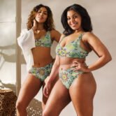 Exquisite Elegance Recycled Artful High-Waisted Bikini with Elegant Floral Motifs on Light Green Background