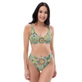 Exquisite Elegance Recycled Artful High-Waisted Bikini with Elegant Floral Motifs on Light Green Background