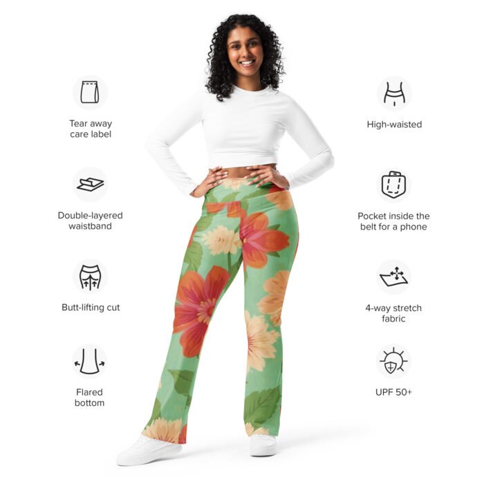Recycled Artful Flare Leggings Elegant Green Background with Floral Patterns Elevate Your Style with Eco-Friendly Elegance