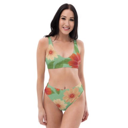 Elegant Recycled high-waisted green bikini with Floral Patterns Sustainable Beauty