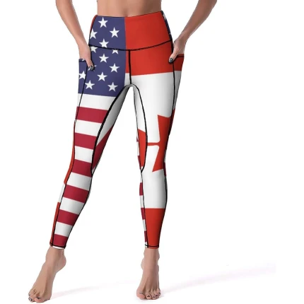 Awesome  $26.89  Comfortable  Canada and US Flag Women's Yoga Pants High Waisted Leggings Casual Workout Pants with Pockets