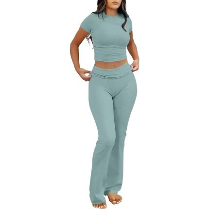 Awesome  $29.99 Flattering  ANRABESS 2 Piece Sets for Women Lounge Loungewear Sets Foldover Yoga Flare Leggings Pants and Cropped Tops Casual Y2K Outfits