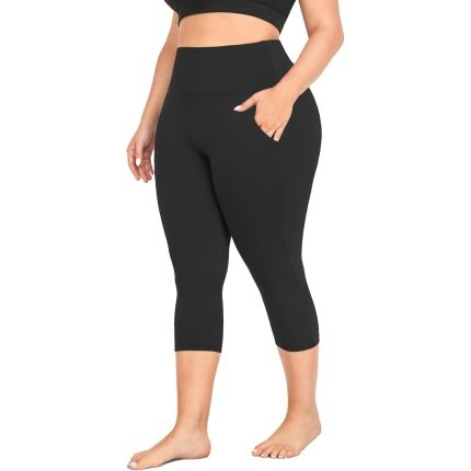 Save  $16.99 Durable   MOREFEEL Capri Plus Size Leggings for Women with Pockets-Stretchy XL-4XL Tummy Control High Waist Workout Black Yoga Pants