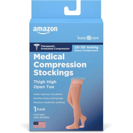 Save  $22.50 Vibrant  Amazon Basic Care Medical Compression Stockings, 20-30 mmHg Support, Women & Men Thigh Length Hose, Open Toe, Beige