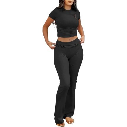 Save  .99 Functional  ANRABESS 2 Piece Sets for Women Lounge Loungewear Sets Foldover Yoga Flare Leggings Pants and Cropped Tops Casual Y2K Outfits Amazon