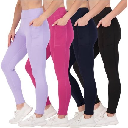 Save  .99  Practical   Real Essentials 4-Pack: Women’s Full Length Fitted Athletic Yoga Performance Leggings with Pockets (Available in Plus Size)