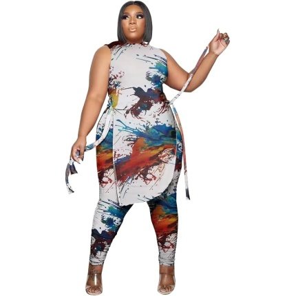 discount price  $34.99  Ethical   Women Plus Size 2 Piece Outfits Jumpsuit Camouflage Print Long Sleeve Slit Tunic Tops Pant Set